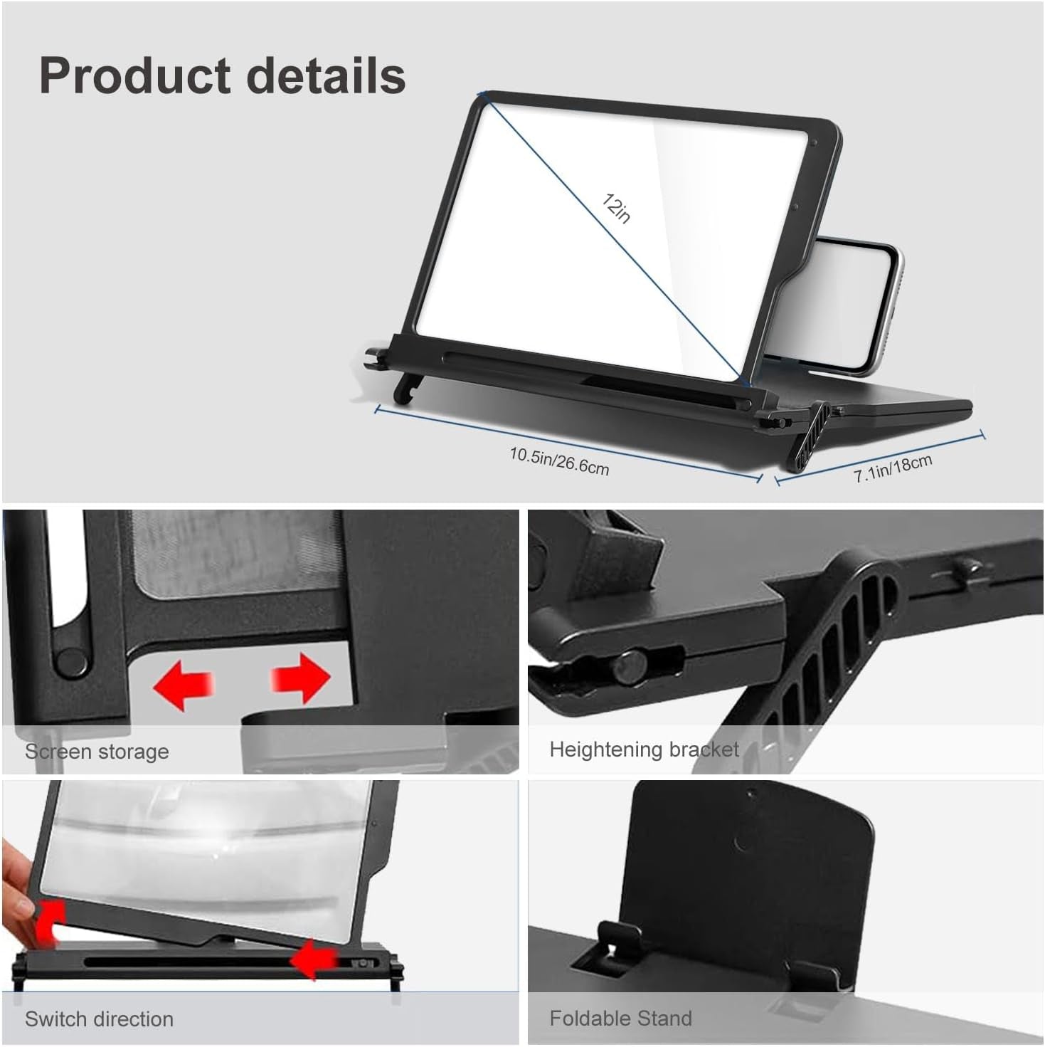 12" Foldable Smartphone Screen Magnifier for Cell Phone, Portable 3D Hd Mobile Phones Video Amplifier with Vertical and Horizontal Magnifying Display for Smartphones, for Watching Movie Videos