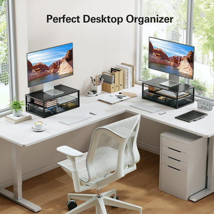 2 Tier Monitor Stand, Metal Monitor Riser with Storage, Computer Desk Organizer with Drawer for Laptop, Computer, PC, Black