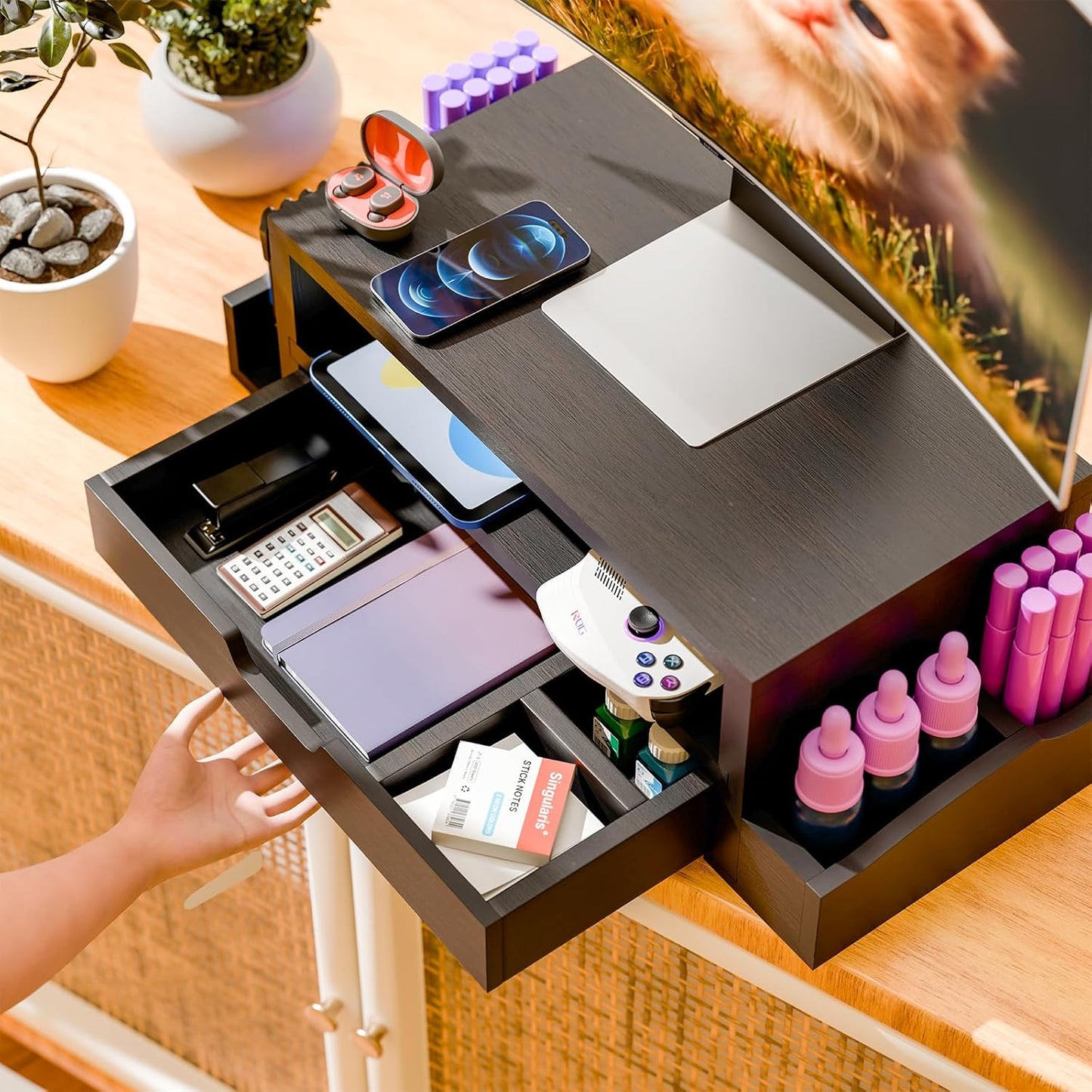 Monitor Stand Riser and Computer Wood Desk Organizer with Drawer and Pen Holder for Laptop, Computer, Imac, Black