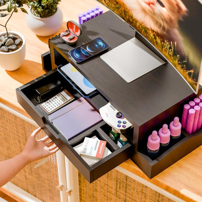 Monitor Stand Riser and Computer Wood Desk Organizer with Drawer and Pen Holder for Laptop, Computer, Imac, Black