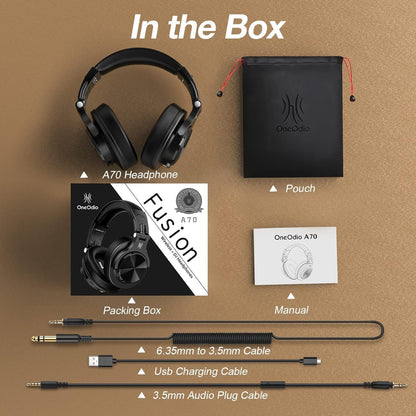 A70 Bluetooth over Ear Headphones, Wireless Headphones with 72H Playtime, Hi-Res, 3.5Mm/6.35Mm Wired Audio Jack for Studio Monitor & Mixing DJ Guitar AMP, Computer Laptop PC Tablet - Black