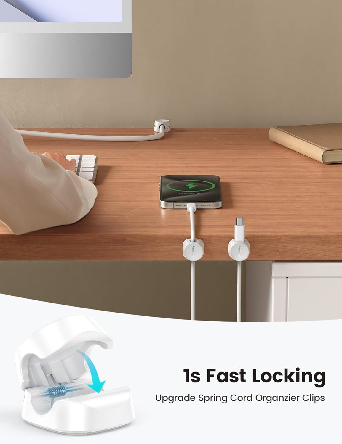 8Pack Cord Organizer [1S Lock] Spring Cable Management Clips -  Desk Cord Holder, Adhesive Cute round Cable Clip, Phone Charger Wire Organizer Keeper for Nightstand Car Office Accessory, White