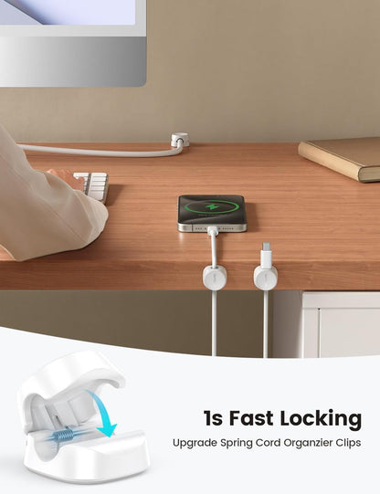 8Pack Cord Organizer [1S Lock] Spring Cable Management Clips -  Desk Cord Holder, Adhesive Cute round Cable Clip, Phone Charger Wire Organizer Keeper for Nightstand Car Office Accessory, White