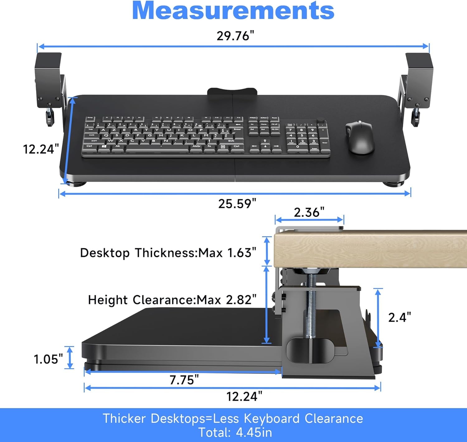 Keyboard Tray under Desk Large C-Clamp 25.6” (30” Including Clamps) X 11.8” Slide-Out Platform Computer Drawer Pull Out Keyboard & Mouse Tray Black DSF4