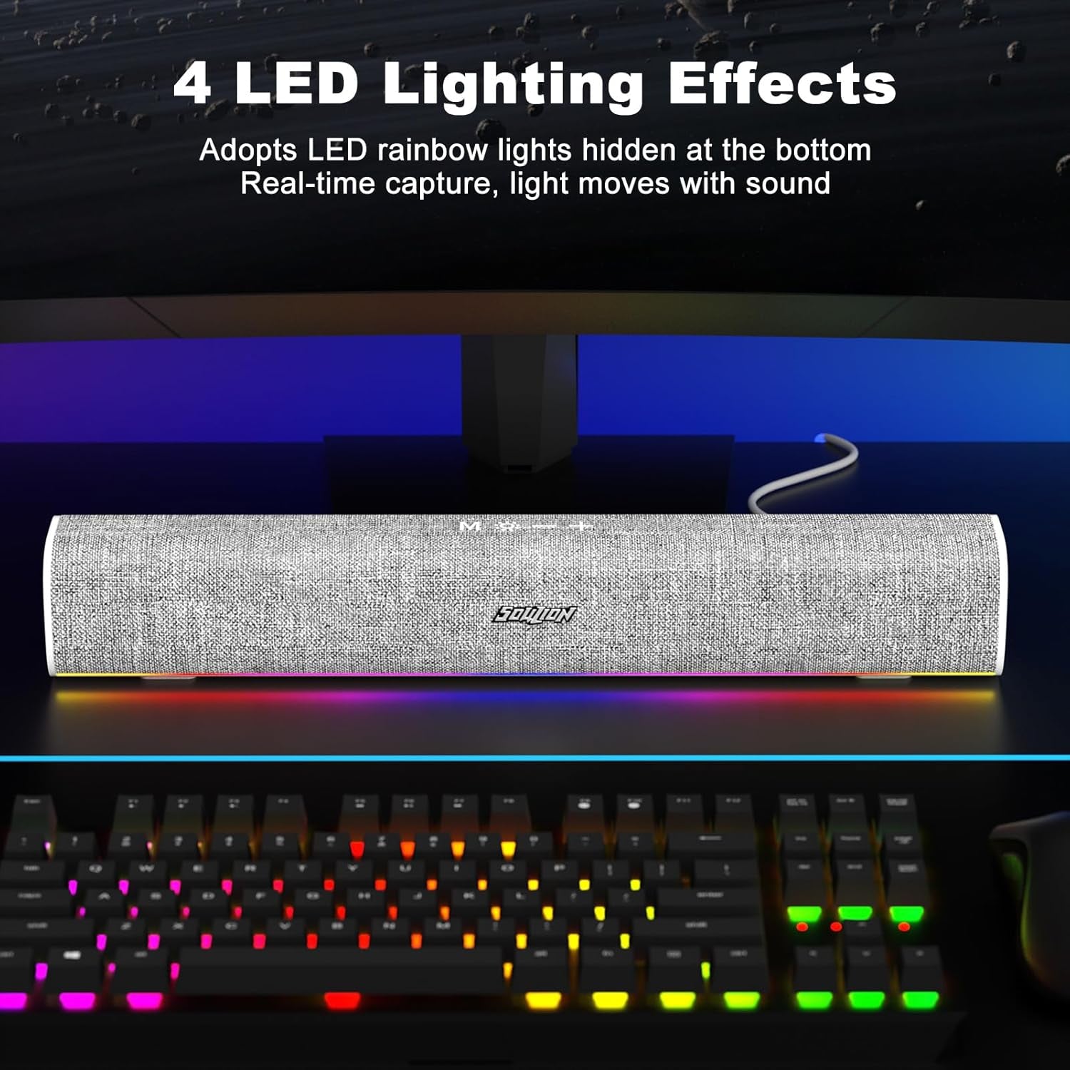 R100 Bluetooth Computer Speakers with Dynamic LED Light, USB Plug & Play PC Speakers with Switch Button, Clearly Sound Soundbar for Desktop Laptop Monitor White (USB-C to USB Adapter Included)