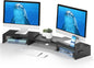 Dual Monitor Stand Riser with Smartphone Holder, Adjustable Length & Swivel Angle, Ergonomic Wooden Desktop Organizer for PC Monitor, Laptop, Printer, Large Storage, Black