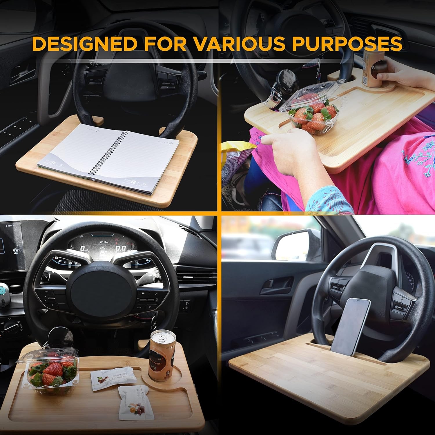 2 in 1 Car Steering Wheel Desk | Lap Desk for Convenient Working | Bamboo Trays for Eating | Interior Accessories for Truck Drivers | Lightweight Wooden Tray with Easy Storage
