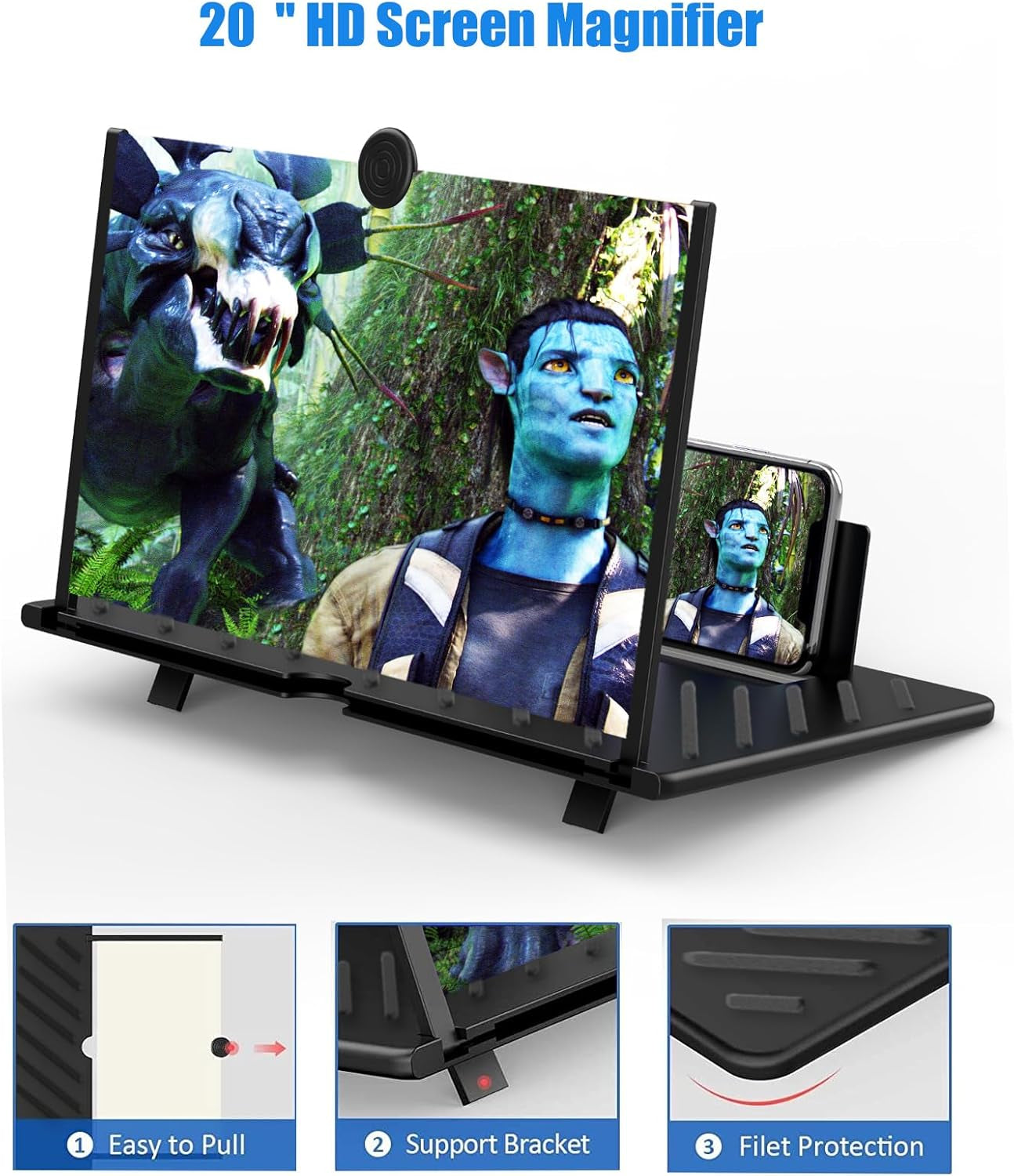 20" Screen Magnifier for Cell Phone,Mobile Phones 3D Magnifier, Screen Expanders for Movies, Videos, and Gaming, Foldable Phone Stand with Screen Amplifier Compatible with All Smartphones(Black)