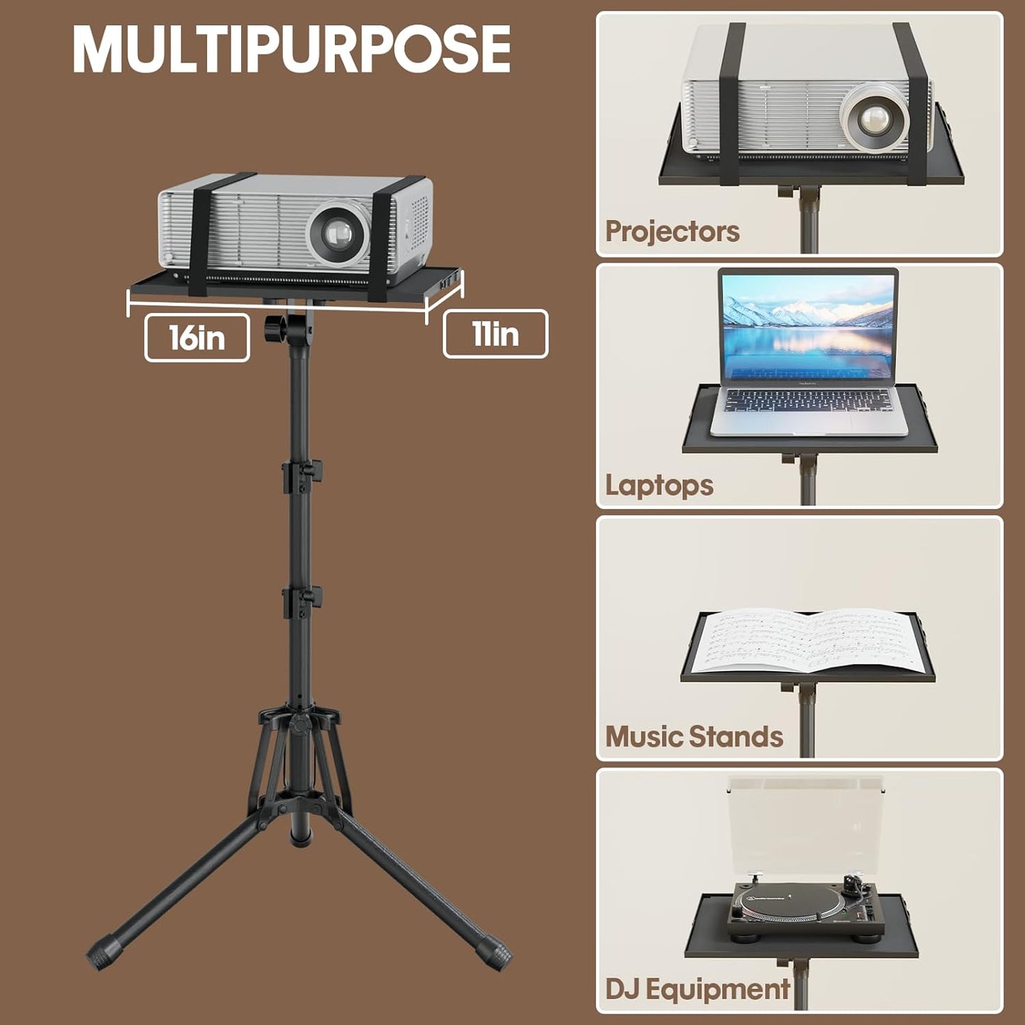 Projector Stand Adjustable Height 20" to 61", Foldable Projector Tripod Stand with Mouse Tray & Phone Holder, Portable Laptop Floor Stand for Office Home Stage Studio DJ Racks Podium Stand