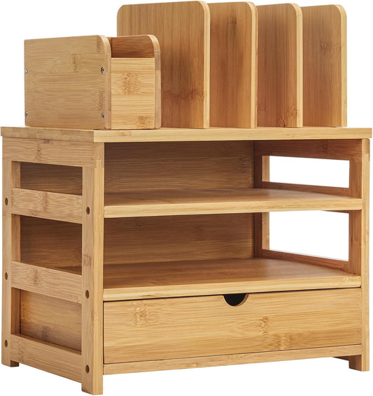 Bamboo Desk Organizer with Drawer and File Holder, Office Organization for Desks with Adjustable Pen Holding, Desktop Letter Paper Tray Storage for Workplace Home School (Natural, L)