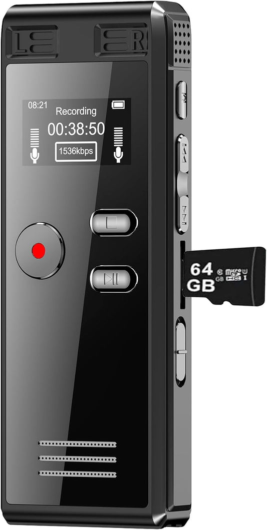 64GB Digital Voice Activated Recorder with Playback - 4552 Hours Audio Recording Device, 3072Kpbs HD Dual MIC Tape Recorder Device for Lecture A-B Repeat, MP3 Player,【64Gb TF Card Included】