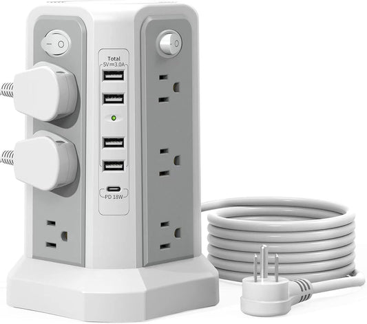 Surge Protector Power Strip Tower with USB C Port(Pd18W),10Ft Extension Cord with 12 AC Outlets 5 USB Charging Ports,  Power Tower Surge Protection for Home Office Dormroom