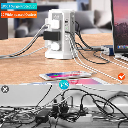 Surge Protector Power Strip Tower with USB C Port(Pd18W),10Ft Extension Cord with 12 AC Outlets 5 USB Charging Ports,  Power Tower Surge Protection for Home Office Dormroom