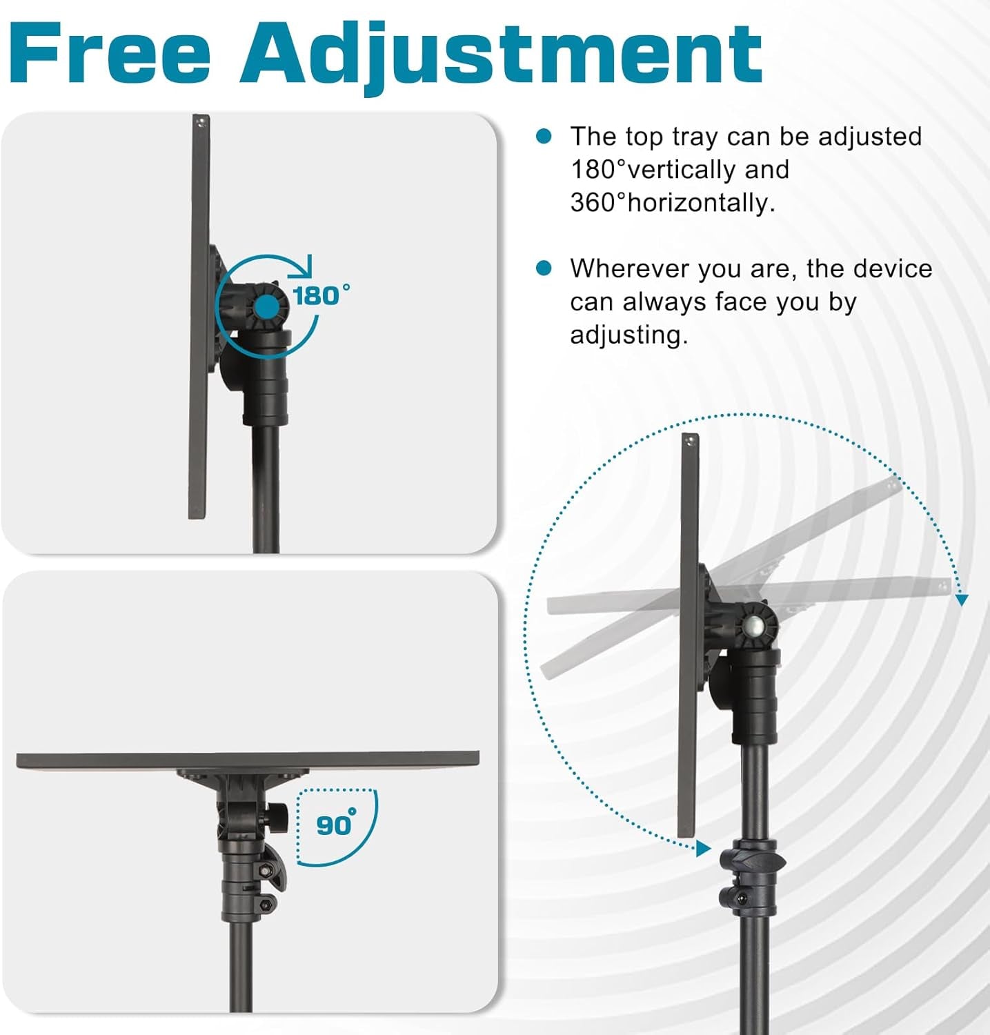 Projector Tripod Stand, 50” Laptop Stand with 2 Shelves for Projector, Ipad, DJ Equipment, Portable Adjustable Floor Stand with Gooseneck Phone Holder for Office, Home, Stage or Studio