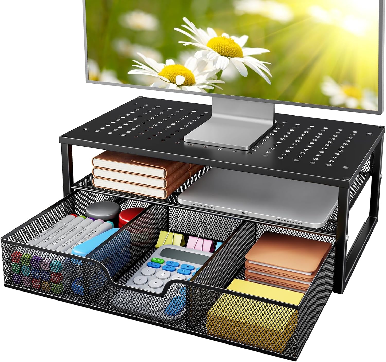 2 Tier Monitor Stand, Metal Monitor Riser with Storage, Computer Desk Organizer with Drawer for Laptop, Computer, PC, Black