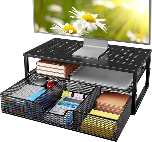 2 Tier Monitor Stand, Metal Monitor Riser with Storage, Computer Desk Organizer with Drawer for Laptop, Computer, PC, Black