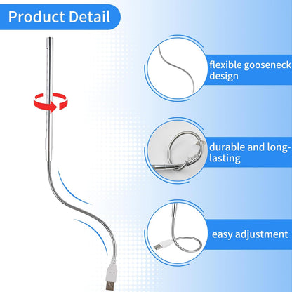 Keyboard Light Portable USB LED Light 10 Lamp Beads LED Laptop Light with Long Gooseneck Flexible Stick Laptop Light for Reading Book and Striking Keyboard (No Touch Switch, 1 Pcs, Silver)