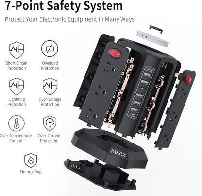 Surge Protector Power Strip Tower with 5 USB Ports and Night Light,10Ft Extension Cord with 12 AC Multiple Outlets,  Power Tower Overload Protection for Home Office Dorm Room Essentials(Black)