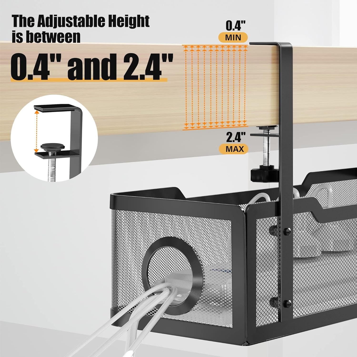 Under Desk Cable Management Tray Black,  Wire Organizers No Drill, Cable Tray with Clamp for Wire Management, Cord Organization Box for Office, Home - No Damage to Desk
