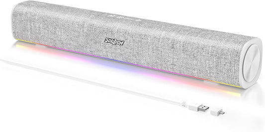 R100 Bluetooth Computer Speakers with Dynamic LED Light, USB Plug & Play PC Speakers with Switch Button, Clearly Sound Soundbar for Desktop Laptop Monitor White (USB-C to USB Adapter Included)