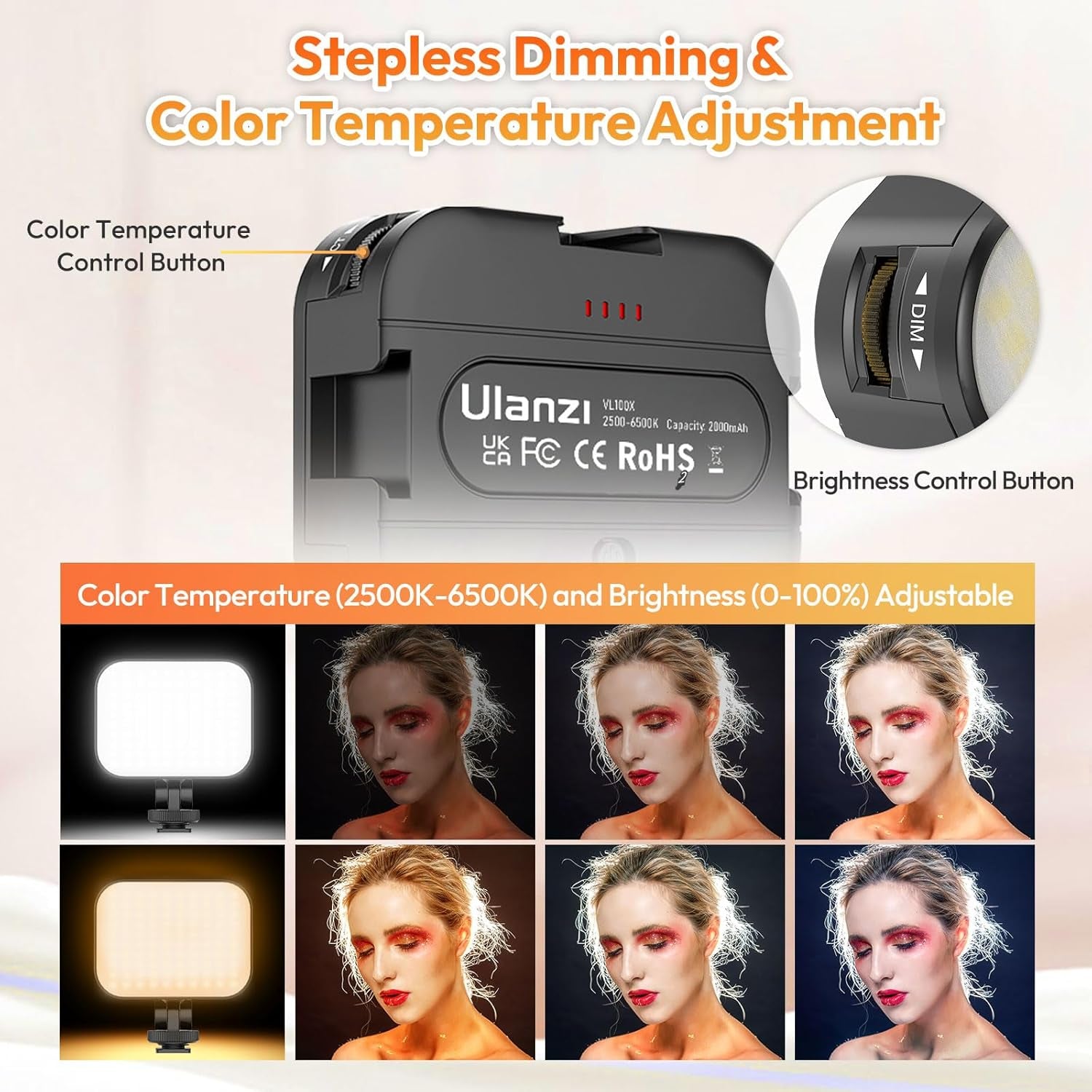 VL100X Selfie Light, Clip LED Light Panel for Phone/Laptop/Tablet/Computer, Bi-Color Portable Clip Camera Light with Dimmable 2500-6500K with 2000Mah Battery for Video Conference/Picture