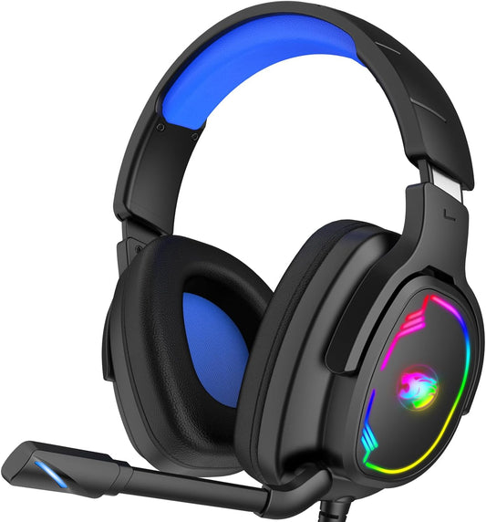 Gaming Headset for Pc/Ps4/Ps5/Xbox One/Switch, Stereo Surround Sound Gaming Headphones with Noise Canceling Flexible Mic, Computer Headset with 3.5Mm Jack & RGB Light(Blue)