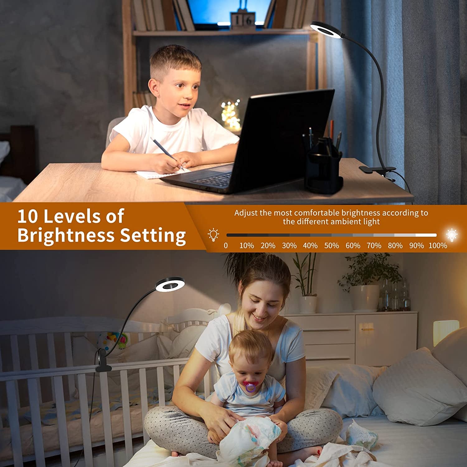 Desk Lamp, [3 Color Modes & 10 Brightness] LED Reading Light with Clamp, Flexible Gooseneck Book Light for Kids Reading Book in Bed at Night Clip on Table, Headboard, Dorm - 15.8‘’ Black