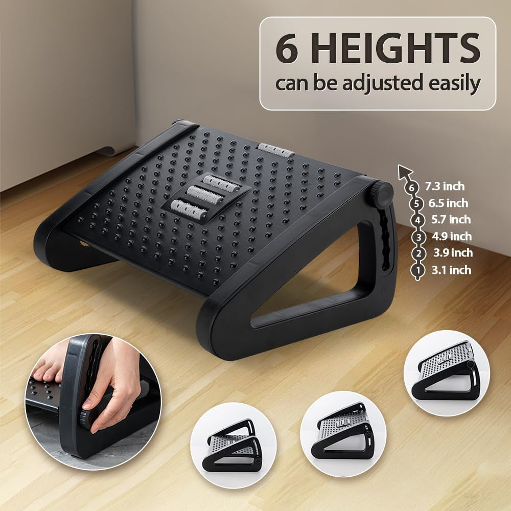 Foot Rest, Six Heights Adjustable Foot Rest for under Desk at Work, Ergonomic Foots Stool for under Office Desks, under Desk Footrest with Foot Massage Roller, Chair Footrest for Leg Rests