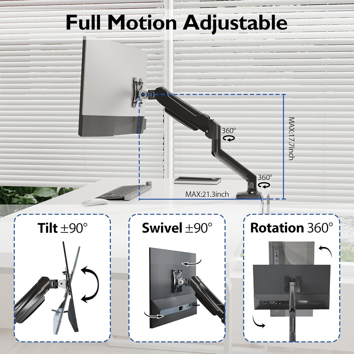 Single Monitor Desk Mount, 13 to 34 Inch Gas Spring Monitor Arm, Adjustable Stand, VESA Mount with Clamp and Grommet Base, Fits 6.6 to 19.8Lbs LCD Computer Monitors, Cable Management, Black