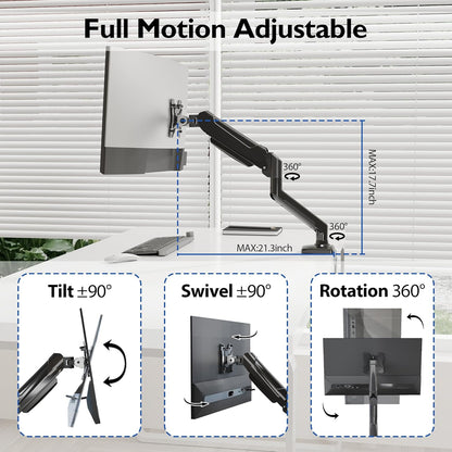 Single Monitor Desk Mount, 13 to 34 Inch Gas Spring Monitor Arm, Adjustable Stand, VESA Mount with Clamp and Grommet Base, Fits 6.6 to 19.8Lbs LCD Computer Monitors, Cable Management, Black