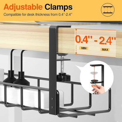 2 Pack Cable Management under Desk Tray, 31.4" No Drill under Desk Wire Management with Upgraded Clamp, Metal Cord Organizers for Desk with Cable Organizers, PC Cable Management Rack, Black