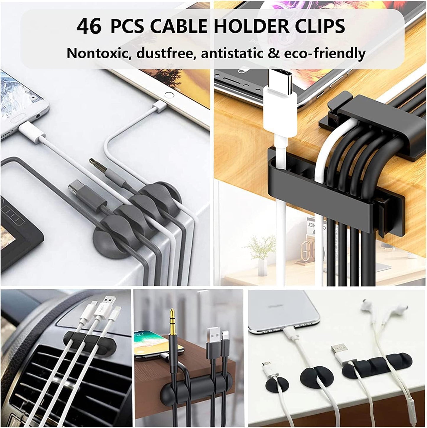 Cord Management Organizer Kit 4 Cable Sleeve Split with 41Self Adhesive Clips Holder, 10Pcs and 2 Roll Self Tie 100 Fastening Ties for TV Office Car Desk Home Black