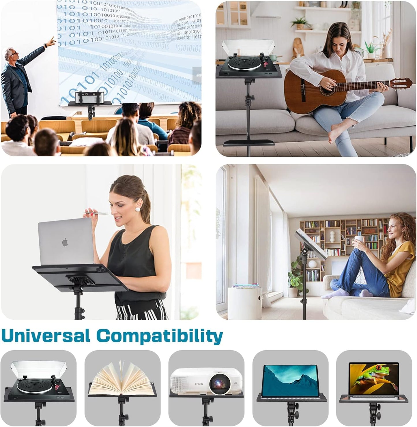 Projector Tripod Stand, 50” Laptop Stand with 2 Shelves for Projector, Ipad, DJ Equipment, Portable Adjustable Floor Stand with Gooseneck Phone Holder for Office, Home, Stage or Studio