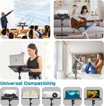 Projector Tripod Stand, 50” Laptop Stand with 2 Shelves for Projector, Ipad, DJ Equipment, Portable Adjustable Floor Stand with Gooseneck Phone Holder for Office, Home, Stage or Studio