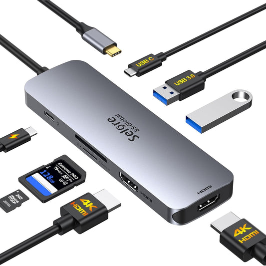 USB C Docking Station Dual HDMI Monitor, USB C to Dual HDMI Adapter with 2HDMI Ports, PD Charging, SD/TF, USB A&C 3.0 Ports, Laptop Docking Station for Dell Xps/Hp/Lenovo/Surface/Yoga Etc