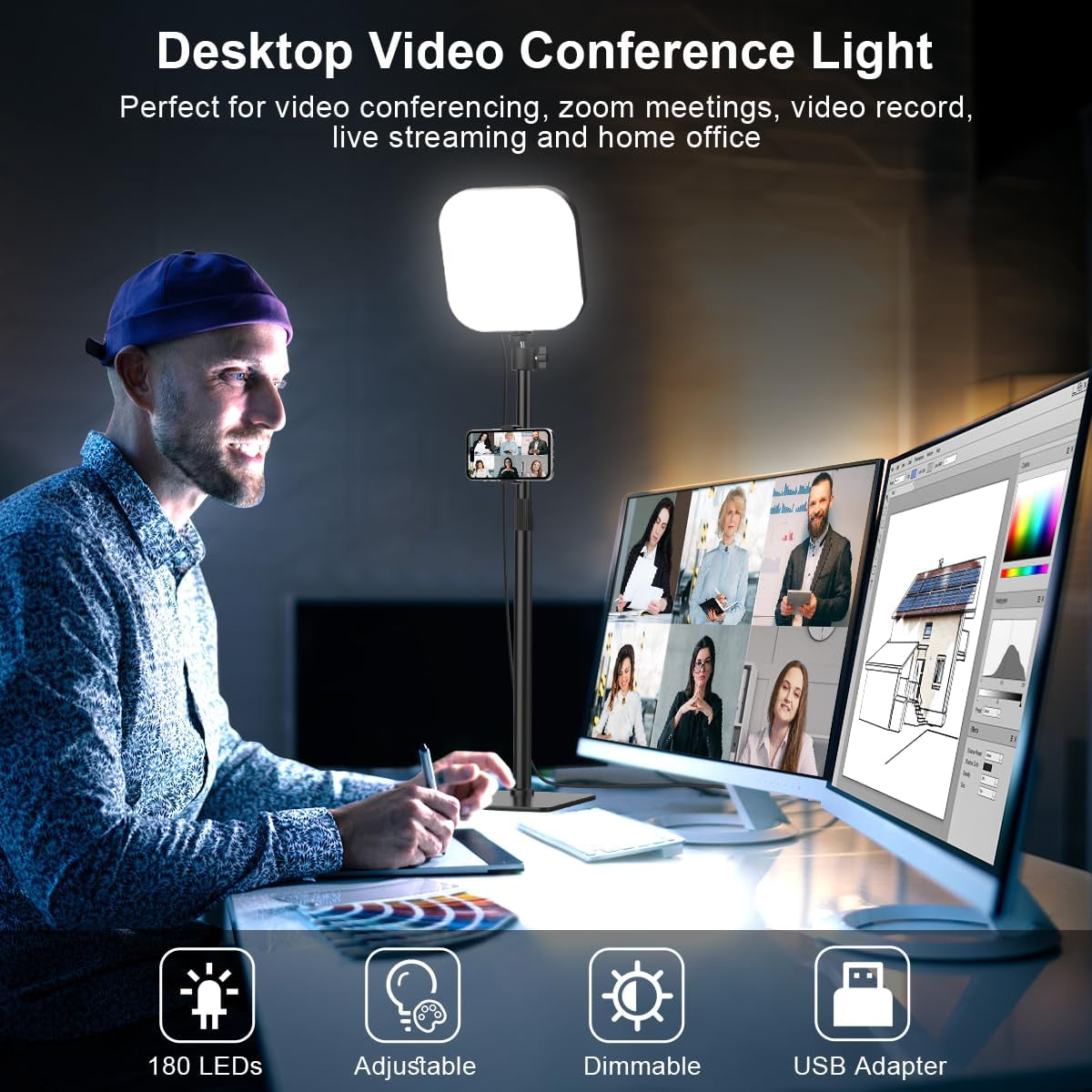 Desk Lamp, 180 LED Video Conferencing Light with Phone Holder [3 Color & 10 Brightness] 360° Adjustable and Retractable USB Lamp with Adapter for Reading, Home Office, Online Meeting, Live Streaming
