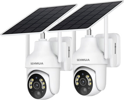 2K Solar Security Cameras Wireless Outdoor, 2 Pack 360° View Pan/Tilt Wifi Security Camera outside with Color Night Vision,Easy to Install, PIR Alarm, 2-Way Audio