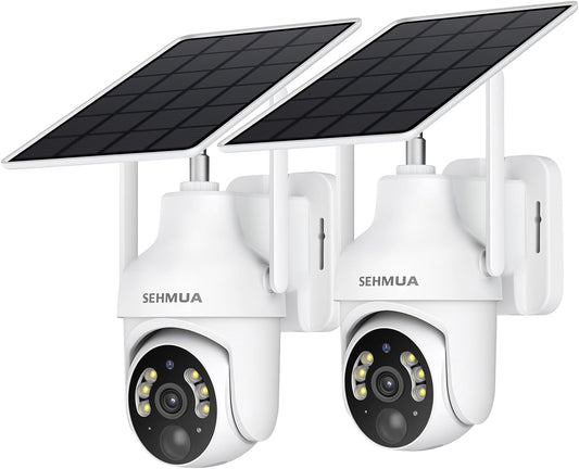 2K Solar Security Cameras Wireless Outdoor, 2 Pack 360° View Pan/Tilt Wifi Security Camera outside with Color Night Vision,Easy to Install, PIR Alarm, 2-Way Audio
