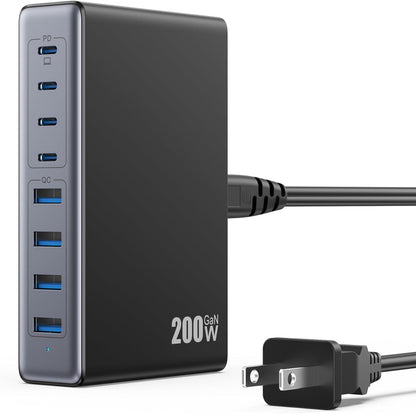 200W USB C Charger Block,Gan IV Charging Station 8 Ports,Qc4.0 Fast Charging Station Hub+Pd 65W USB C Laptop Charger Adapter Compatible with Macbook Air/Pro,Dell,Iphone 16/15,Ipad,Steam Deck-Black