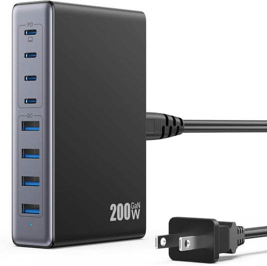 200W USB C Charger Block,Gan IV Charging Station 8 Ports,Qc4.0 Fast Charging Station Hub+Pd 65W USB C Laptop Charger Adapter Compatible with Macbook Air/Pro,Dell,Iphone 16/15,Ipad,Steam Deck-Black