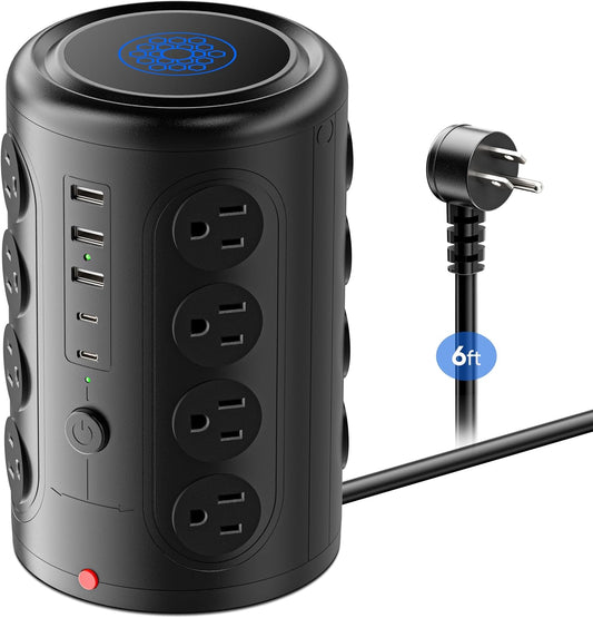 Heavy Duty Power Strip Tower with 16 Outlets and 5 USB Ports (2 USB-C),  1500J Surge Protector with Multiple Outlets, 6 FT Extention Cord for Home Office Desk, Dorm Room Essentials Black