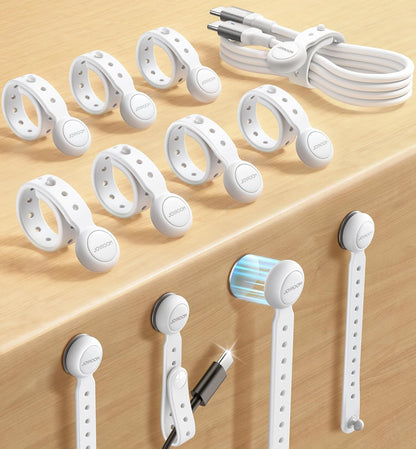 12PCS Magnetic Cable Ties - Reusable Silicone Cord Organizer with Buckle Holes, Elastic Cable Management Straps for Data Cables, Charging Cords, and More (White)