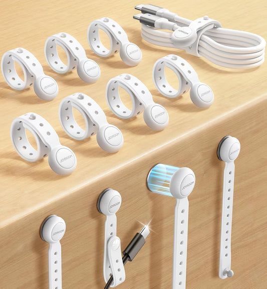 12PCS Magnetic Cable Ties - Reusable Silicone Cord Organizer with Buckle Holes, Elastic Cable Management Straps for Data Cables, Charging Cords, and More (White)
