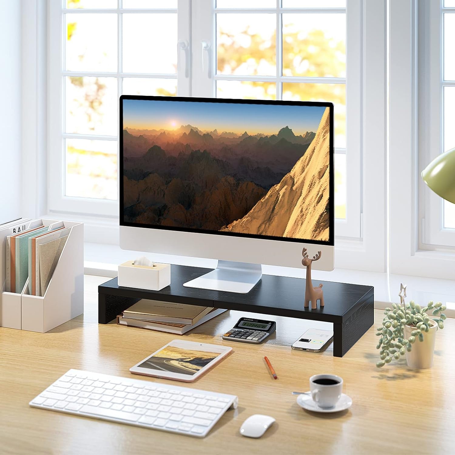 20 Inch Monitor Stand Riser, Wood Monitor Stand for Desk, Tv/Screen/Pc/Printer/Laptop Riser, Computer Stand with Keyboard Organizer, Black Desktop Stand, Monitor Riser (Black, 20 Inch)