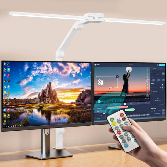 Desk Lamp,Double Head Desk Clamp Lamp with Remote,24W Led Desk Lights for Home Office Ultra Bright Architect Table Lamp 4 Brightness 4 Color,Auto Dimming Task Lamp for Monitor Work Study