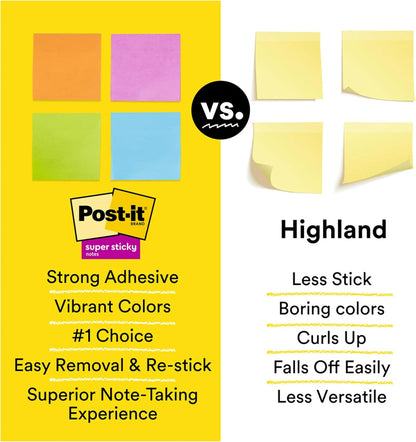 Super Sticky Notes, 24 Sticky Note Pads, 3 X 3 In., School Supplies, Office Products, Sticky Notes for Vertical Surfaces, Monitors, Walls and Windows, Energy Boost Collection