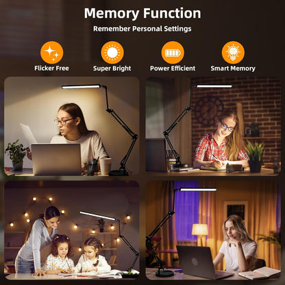 NOEVS 2-In-1 LED Desk Lamp with Clamp and Base, 50.7" Adjustable Swing Arm, Memory Function for Home Office, Workbench, Reading, Craft, Drafting