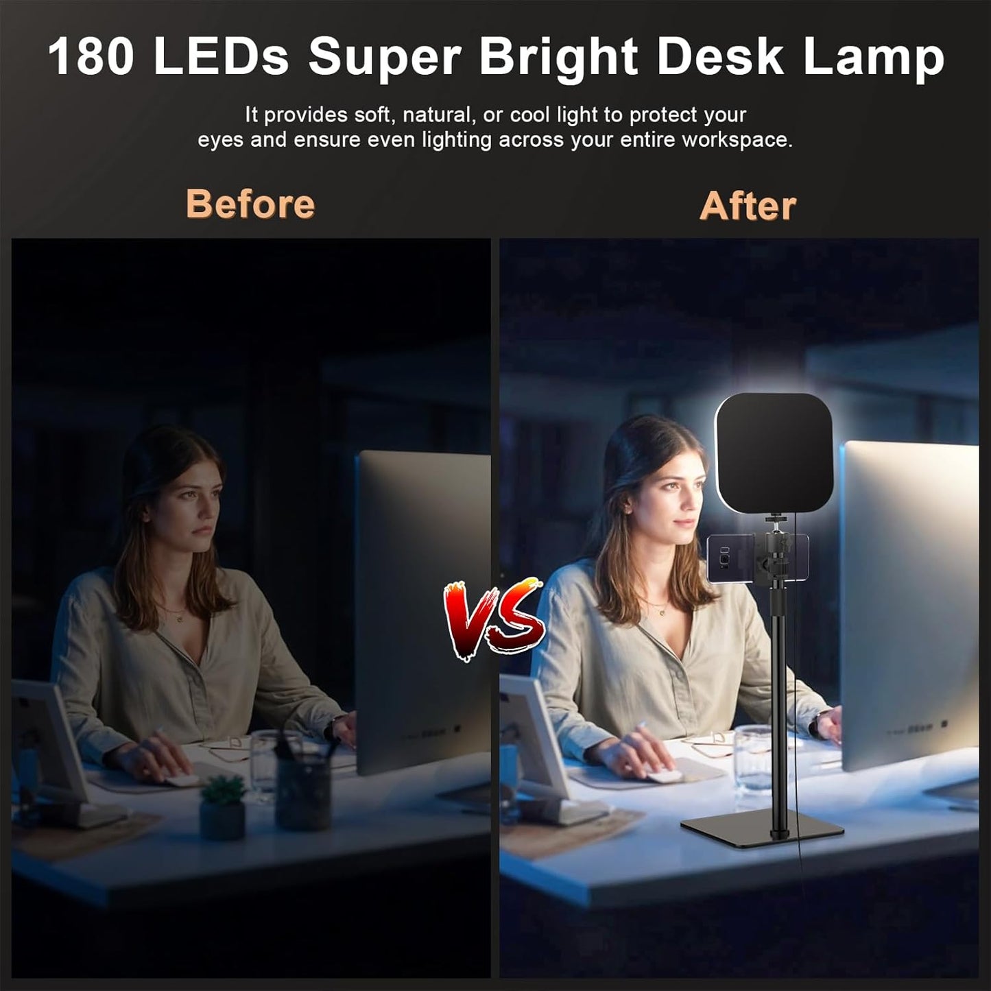 Desk Lamp, 180 LED Video Conferencing Light with Phone Holder [3 Color & 10 Brightness] 360° Adjustable and Retractable USB Lamp with Adapter for Reading, Home Office, Online Meeting, Live Streaming