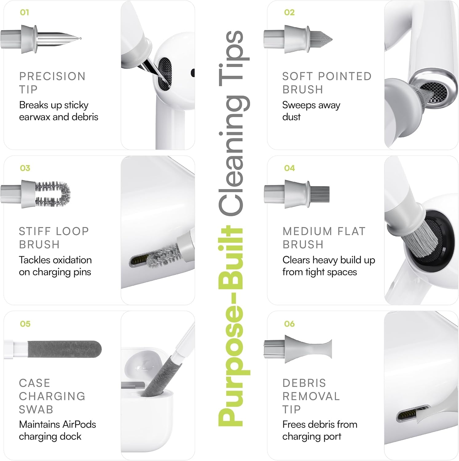 Air Care 2.0 Airpods Cleaning Kit - Patented Multi-Tool Cleaner with Interchangeable Brush Tips for Airpods, Iphone and Apple Devices with Sticky Squares Putty, Hard Case and Travel Pouch
