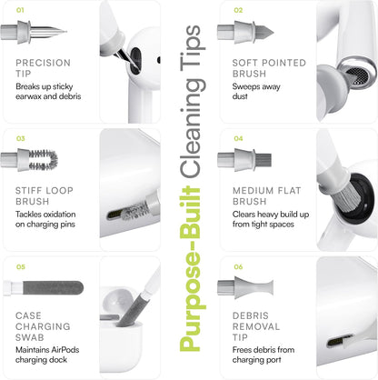 Air Care 2.0 Airpods Cleaning Kit - Patented Multi-Tool Cleaner with Interchangeable Brush Tips for Airpods, Iphone and Apple Devices with Sticky Squares Putty, Hard Case and Travel Pouch